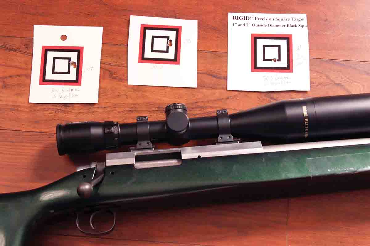 These are some of the preliminary test targets shot in 2011. Despite the rifle not being made on a “real” benchrest action, and using a variable scope, they showed potential.